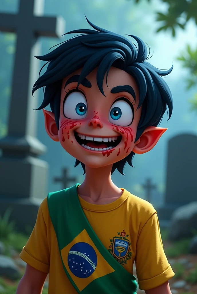 create an image of a blue-eyed Brazilian boy, the hair is low and has to be combed to the side. , laughing demonically, with blood on the hands, with a presidential sash, in the background a cemetery. the image must be in the disney pixar cartoon style. highlight the cemetery, the hair is low and has to be combed to the side.