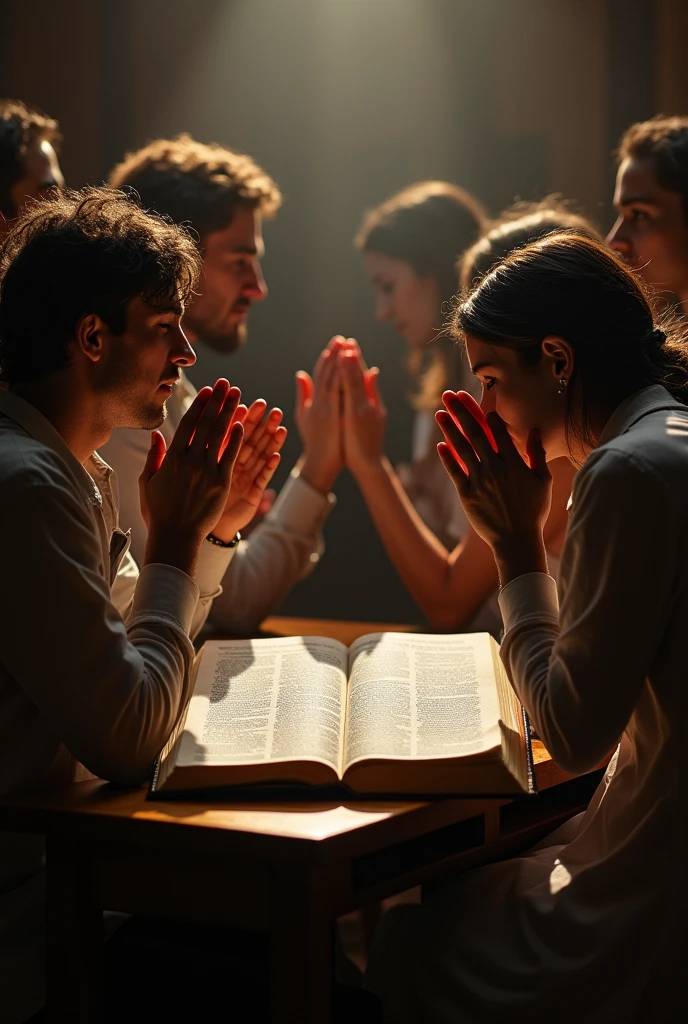 prayer group, christian, bible, realism, photography, cinematic, detailed