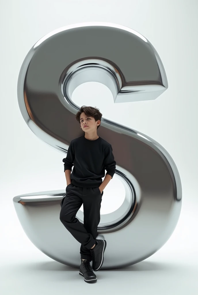 Create an image featuring a large, glossy, “S” 3D letter in the foreground with a boy leaning casually against it. The person should be dressed in stylish, monochromatic clothing and have a confident