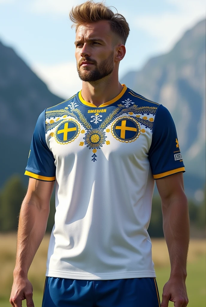 white sweden team shirt with nordic theme and blue and yellow details
