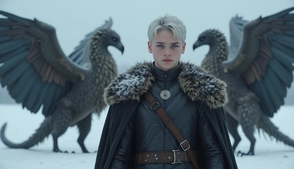 A targaryen teenager boy with  with silver short hair and purple eyes, Winterfell scenary, three wyverns, realistic wyverns, 4k, high realism