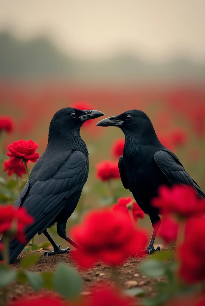 two crows in a field of red roses