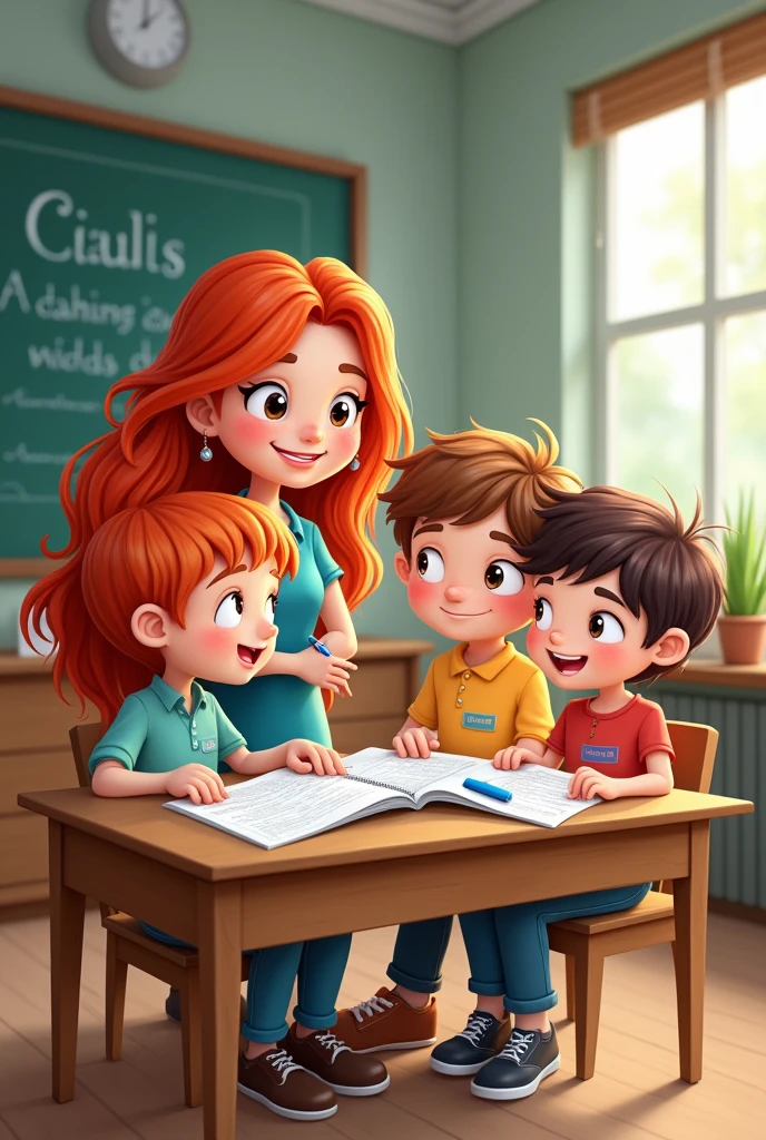 Cartoon of boys and girls together with their red-haired teacher, long and wavy building knowledge in the classroom