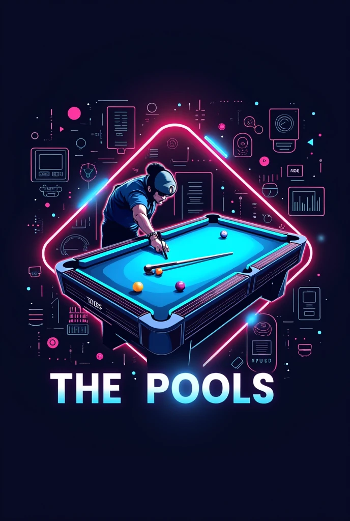 Make me a logo with an electronic theme of a group called Los "THE POOLS" with the background being electronics and billiards