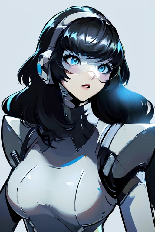 empty eyes,robotized woman ,big bust,Robot Joint ,Metal skin,Black Suit,long hair,a suit that covers the whole body,aegis(persona3)