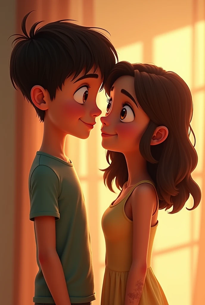 "A romantic scene featuring a slim boy with straight hair, amber-colored eyes, light skin, and a visible scar on the front of his leg. The boy stands close to a girl with shoulder-length curly hair, light brown in color, brown eyes, and an hourglass figure. Both characters are designed in the Pixar style, with expressive eyes, soft facial features, and vibrant colors. They share a tender and romantic moment.