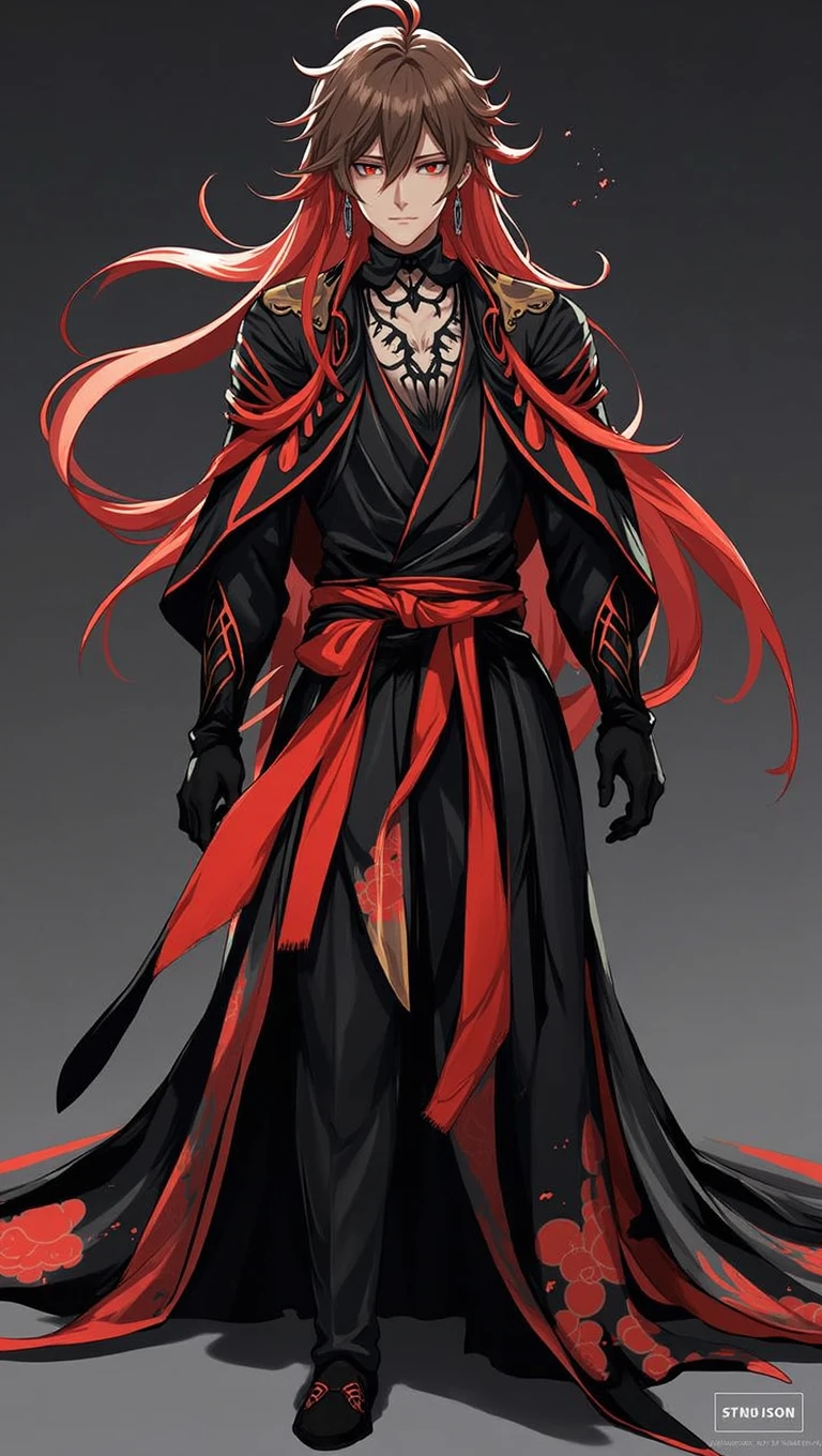 black hair, Long hair, Black-red eyes, Black and red robe, gorgeous, indifferent, man, red streaked hair, ahoge, hair over shoulder, very long hair, asymmetrical bangs, hair spread out, crazy eyes, devil eyes, expressionless, robe, character chart, tachi-e, panorama, Genshin Impact Style, super detail
