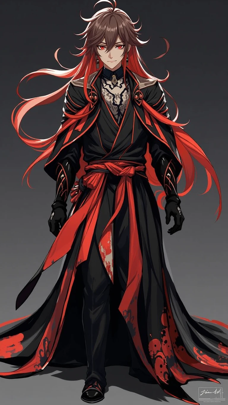 black hair, Long hair, Black-red eyes, Black and red robe, gorgeous, indifferent, man, red streaked hair, ahoge, hair over shoulder, very long hair, asymmetrical bangs, hair spread out, crazy eyes, devil eyes, expressionless, robe, character chart, tachi-e, panorama, Genshin Impact Style, super detail