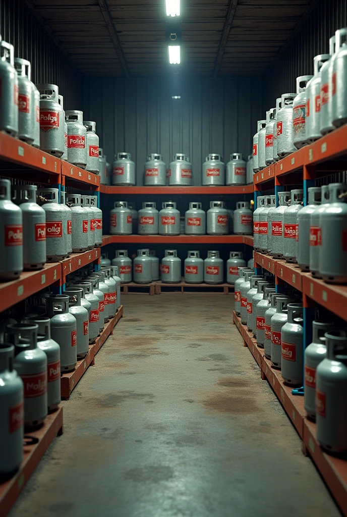 Realistic photo of a small warehouse of cooking gas cylinders called poligas