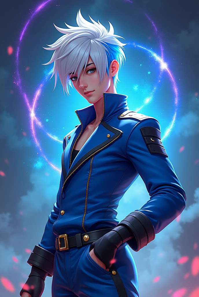 Free Fire male character with white and blue dyed hair, dressed in blue with black in a galaxy with short hair