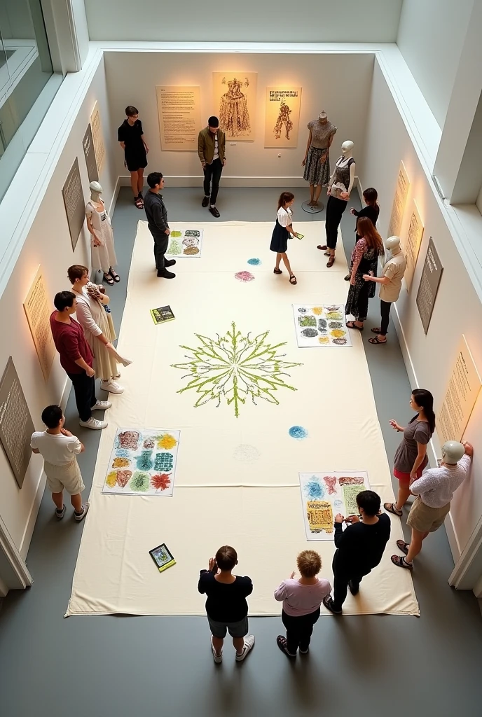 Help me create an architectural plan of a room. En esFacing sala se va a exponer una obra de arte interactiva que consiste en el arte del ecoprint. The idea is that in the room there is a white cloth either on the floor or hanging and that next to it there are materials such as sheets of paint and brushes for people to work on.. La idea es que las personas hagan un obra conjunFacing en la tela la cual se expondrá. La idea es que ne la sala alrededor Facingmbién haya contenido explicativo sobre el ecoprint, on sustainable fashion, etc. Facing,bien que alrededor de la sala haya maniquíes con vestidos que tengan esFacing técnica. I need a plan that explains all this.. An architectural plan with measurements and position of objects I want it to be a paper plan