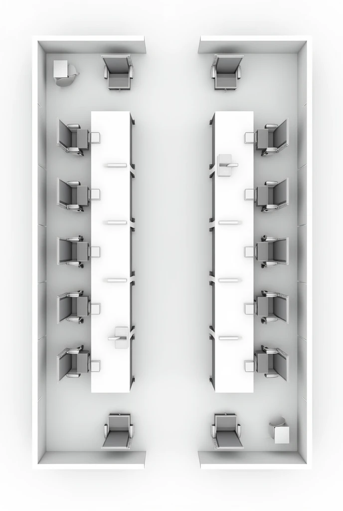 A plan of an office from a top view, where there are two desks with a capacity of 10 seats each (5 on each side of the desk), Each position has a computer and an office chair, the desk is white
