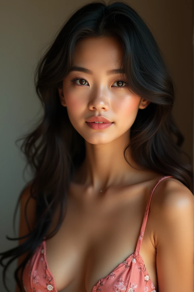 (best quality,8k,highres,masterpiece:1.2), realistic, photorealistic:1.37, UHD, studio lighting, sharp focus, extreme detail description, professional, vivid colors, bokeh, portraits, extremely detailed face texture, beautiful detailed eyes, beautiful detailed lips, extremely detailed hair, dark colored hair, youthful appearance, big round breast, cleavage, proportional eyes, seducing smile, clean and natural face, no makeup, bare face, indonesian face,