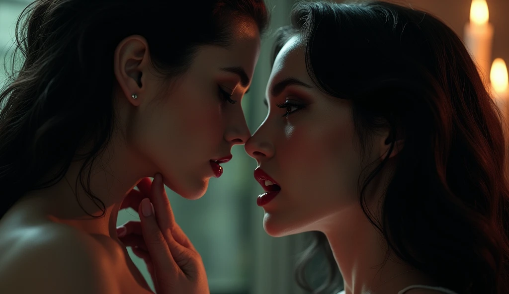 a sexy vampire with fangs on the neck of a beautiful girl she is looking at the head, with parted lips and an expression of desire