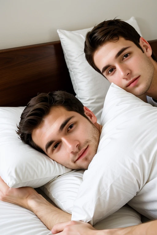 Young cute and handsome skinny white face beautiful soft skin 27 years old hitting with the pillow with his brother they played together the pillow hit