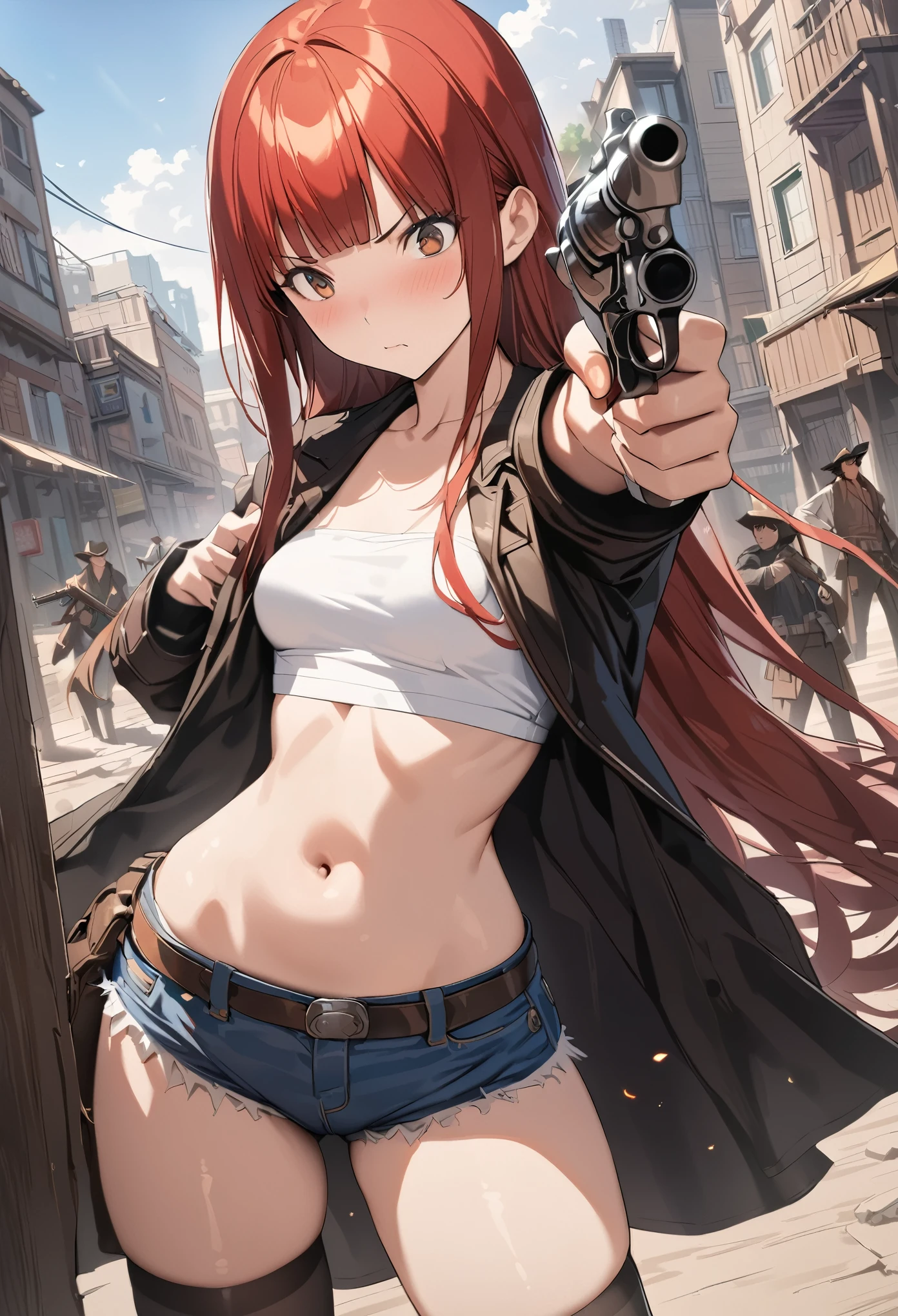 (Action Scenes、Gunfight)、((masterpiece,best quality anime,Highest quality:1.3)),realistic,cowboy shot,(25 year old beauty), gunslinger ,1woman,独奏,((very small head:1.4)),((very long body:1.3)),red hair,bangs,straight long hair,gorgeous big eyes,brown eyes,(Black long coat),Wearing a white tube top shirt under the coat,navel、(denim micro shorts、black_thighhighs),((slender body:1.3,skinny)),small breasts,gleaming skin,shiny skin,Holding a gun in hand、revolver、(Shooting a gun、Shooting stance),sunny、Western cityscape、The World of Westerns、