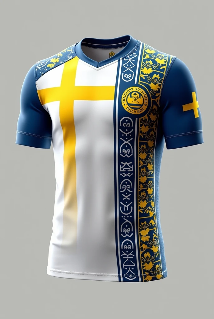white sweden team shirt with nordic theme and blue and yellow details
