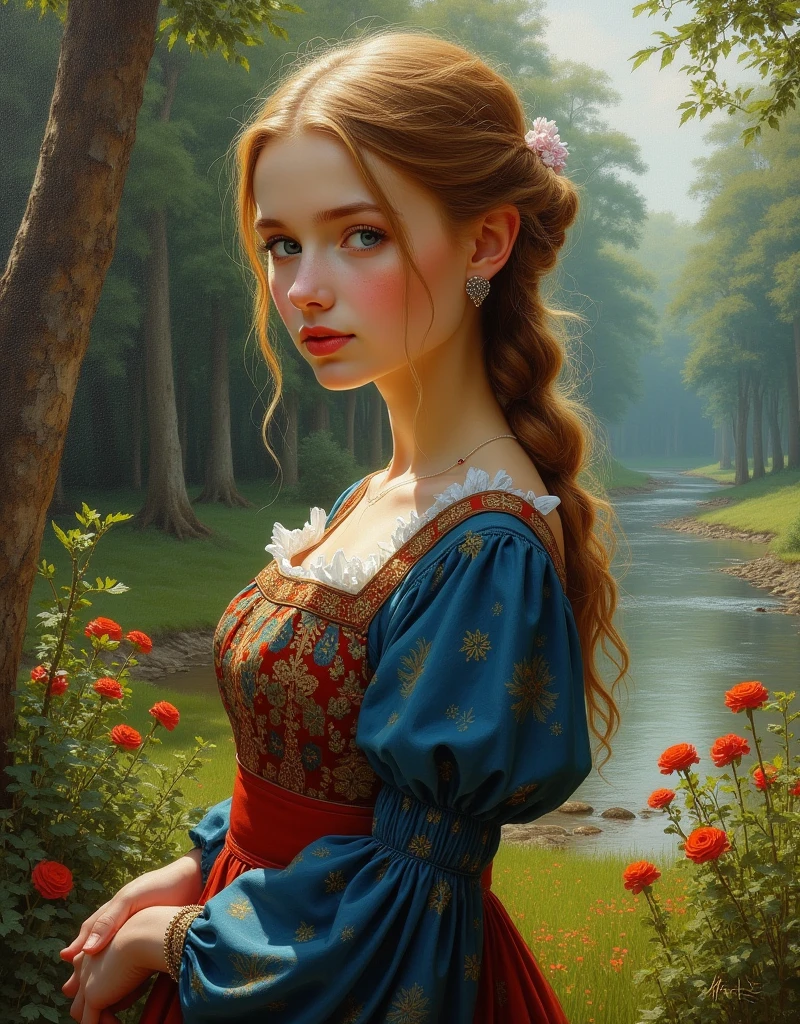 1 Russian girl, in Russian clothes, Russian Epic Folklore ,Russian nature, ((Style of Ivan-Bilibin)), aesthetics, Palette knife-oil painting, ((Best Quality, tmasterpiece)), (Extreme Detail), impressionism:0,1, 8k