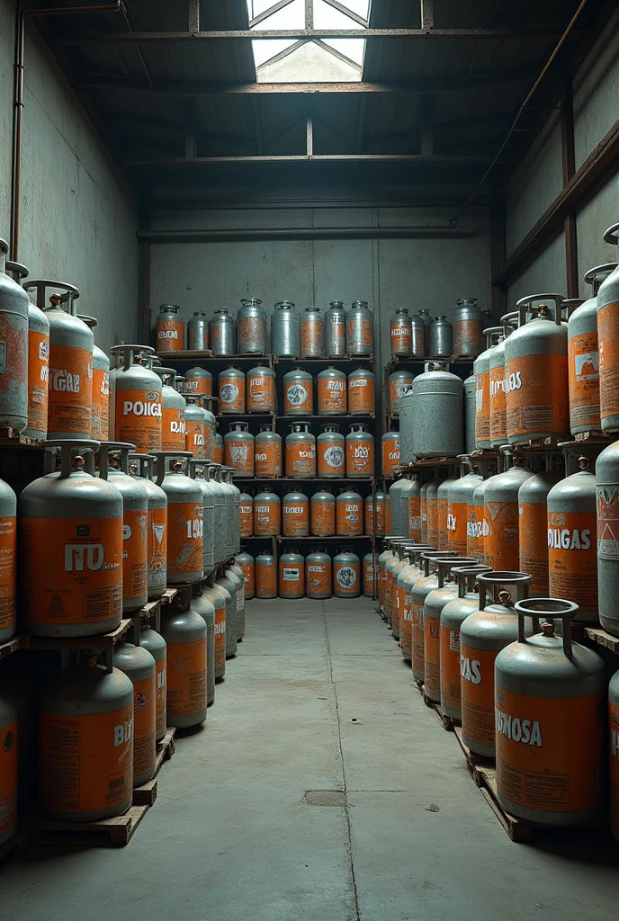 Realistic photo of a small warehouse of cooking gas cylinders called poligas