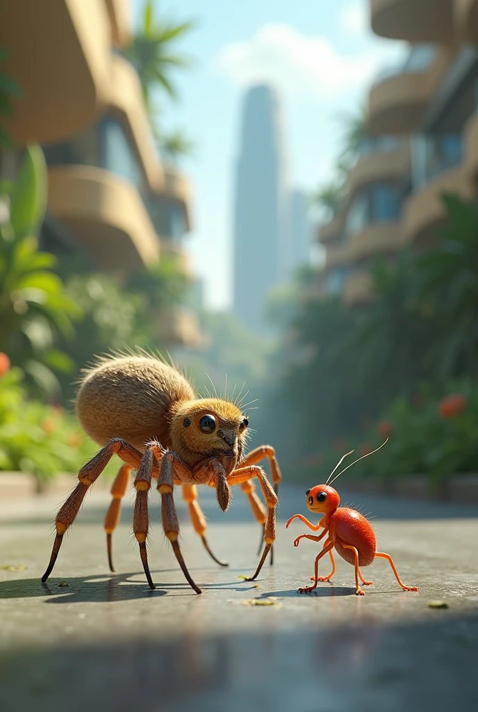 young spider , vegetarian, modern interesting, with skates. And he talks to a little red bug