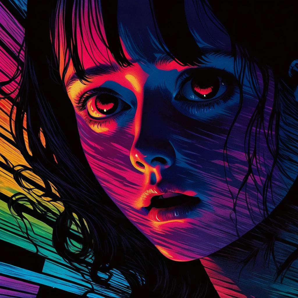sad man, illustration art, 70's horror movie poster, junji ito style, high detail, realistic deep shadows, analog style, chromatic aberration, surrealism, complementary gradient, vhs style, nightmare, 8mm film