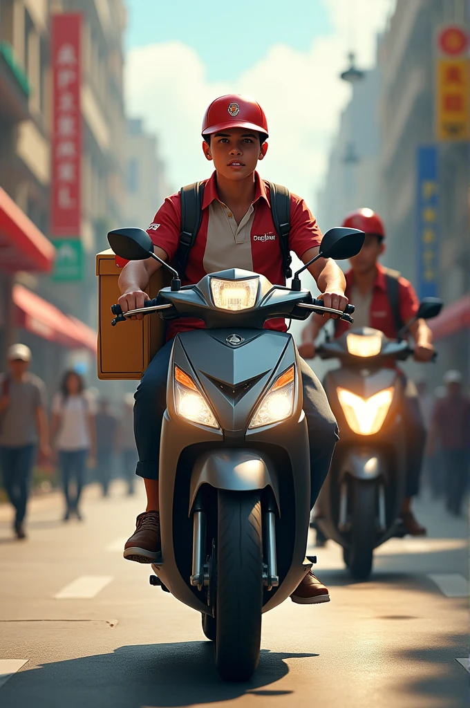 Delivery boy with delivery bag and a motorcycle, with a text of ( Delivery boy available).