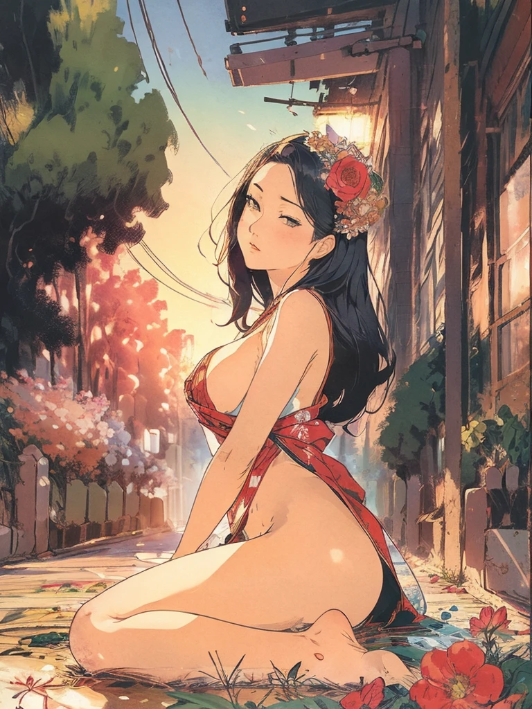 Detailed Background,Art Deco,Beautiful landscape painting,Botanical Art,Flower Art,(Floral:1.2), (masterpiece, Highest quality),Vibrant colors,colorful, Highest quality, Amazing details, Anatomically correct, Line art, Written boundary depth,Flat Shading,Bokeh, woman、************、Black Hair、 whole body、Showing off pussy、 Sit with your legs apart:1.5、Showing pussy、sexy、Passionate、Stretch your legs、(Thighs)、(Small breasts)、Slim style、(barefoot)、 Mucha style、Ukiyo-e style、Looking up at the camera、Browsing Caution