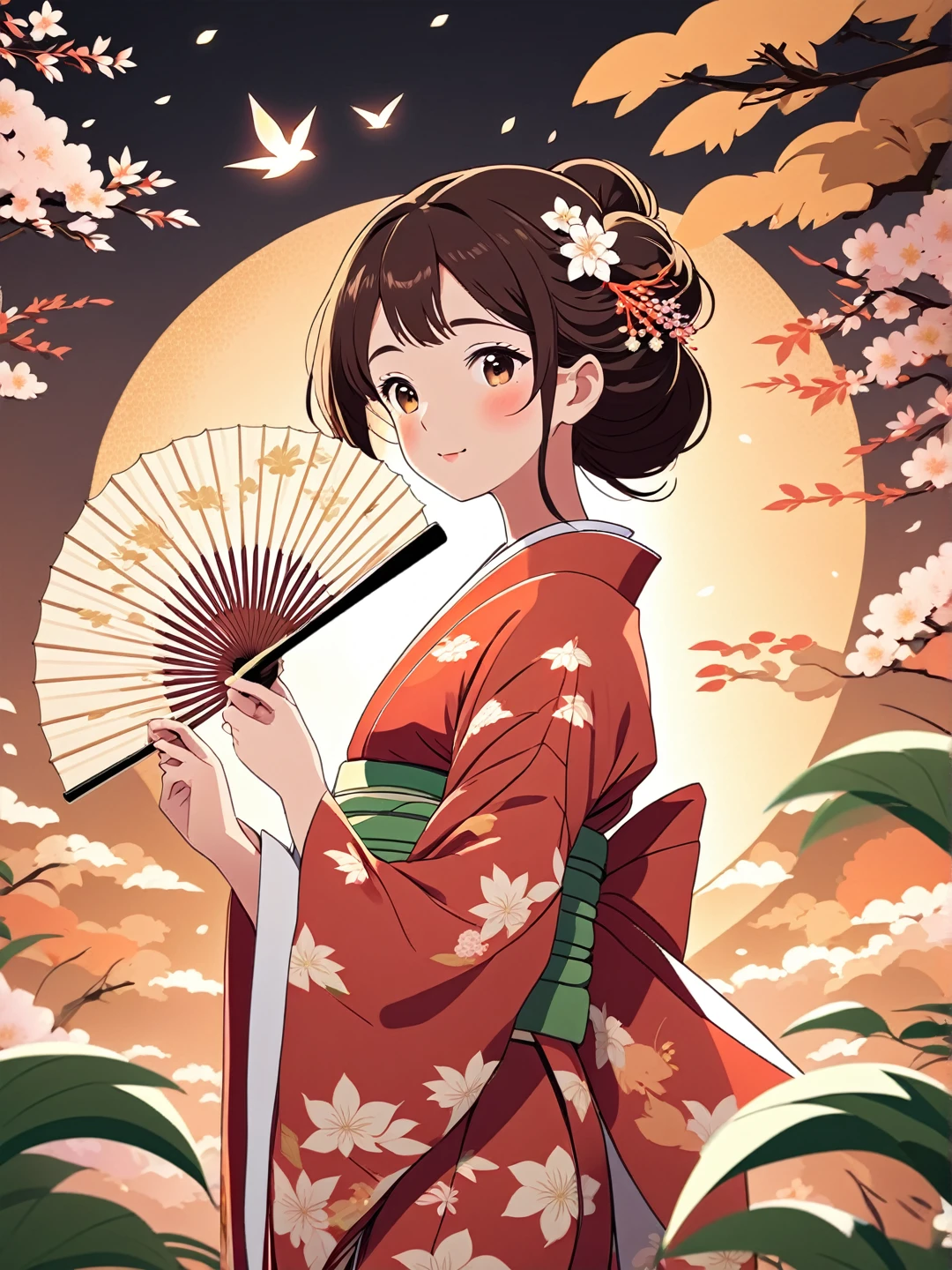 A woman in a kimono holding a folding fan、 Wide-angle lens, Lofi Anime, Lofi illustration, Aesthetic atmosphere, Lo-Fi Style, Vector art, Flat Design, Simple shape, Warm tones, Pleasant atmosphere, Chill, In anime style, Digital drawing, Vector art, Vector logo for t-shirt printing, (Adorable:1.5), (small:1.4), (Playful:1.2), (soft:1.3), (Whimsical:1.1), masterpiece, Highest quality, 8k, Intricate details, grow, Celestial, Mysterious, Picturesque, amazing, Majestic, Magic, Fantasy art, Cover art, dream-like