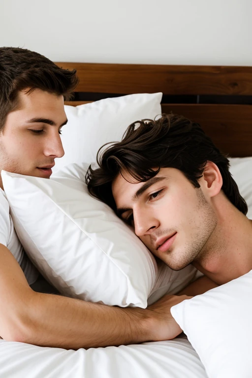 Young cute and handsome skinny white face beautiful soft skin 27 years old hitting with the pillow with his brother they played together the pillow hit