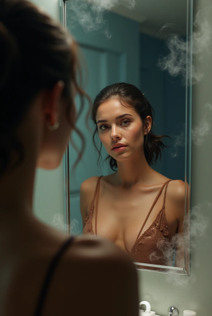 Seductive woman in the bathroom in front of the mirror