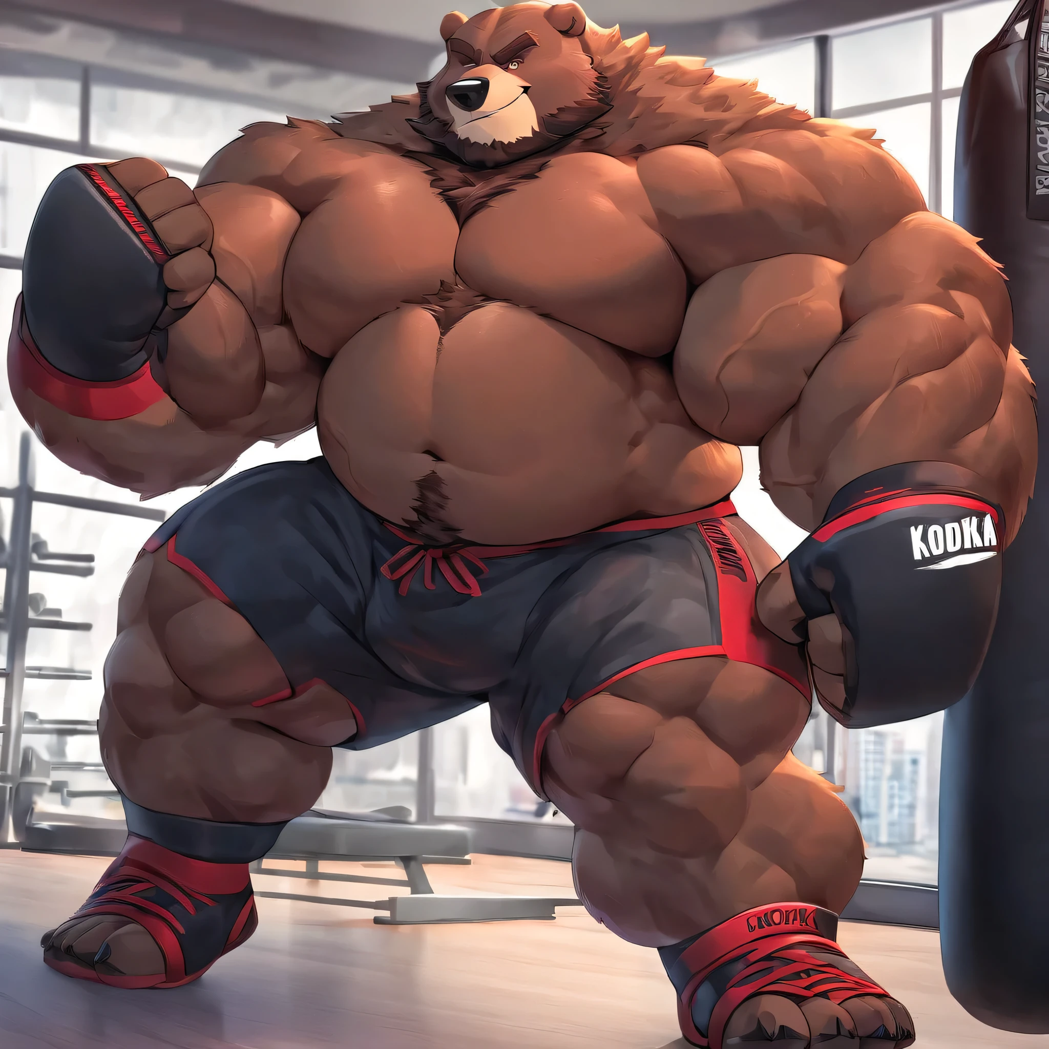 Solo, 1boy, huge muscular kodiak brown bear in big gym fitness center, big smirking, kodiak bear, huge brown fur, thick arms, huge arms, big fists, veins all over arms and chests, bald, big brown mustache and beard, (muscular, pectoral, wide pectoral, thick arms), HEIGHT: 220CM, WEIGHT: 370KG, belly with abs, gym sets, workout equipments, ring, punching bag, 8k, masterpiece, added cinnamon colored eyebrows, deatiled eyes with red pupils, (wearing black mixed martial arts shorts with red slits, black mixed martial art fingerless gloves with red pads, black toeless footwear tapes, shirtless and topless), punching and kicking techniques, bigger, harder, stronger.