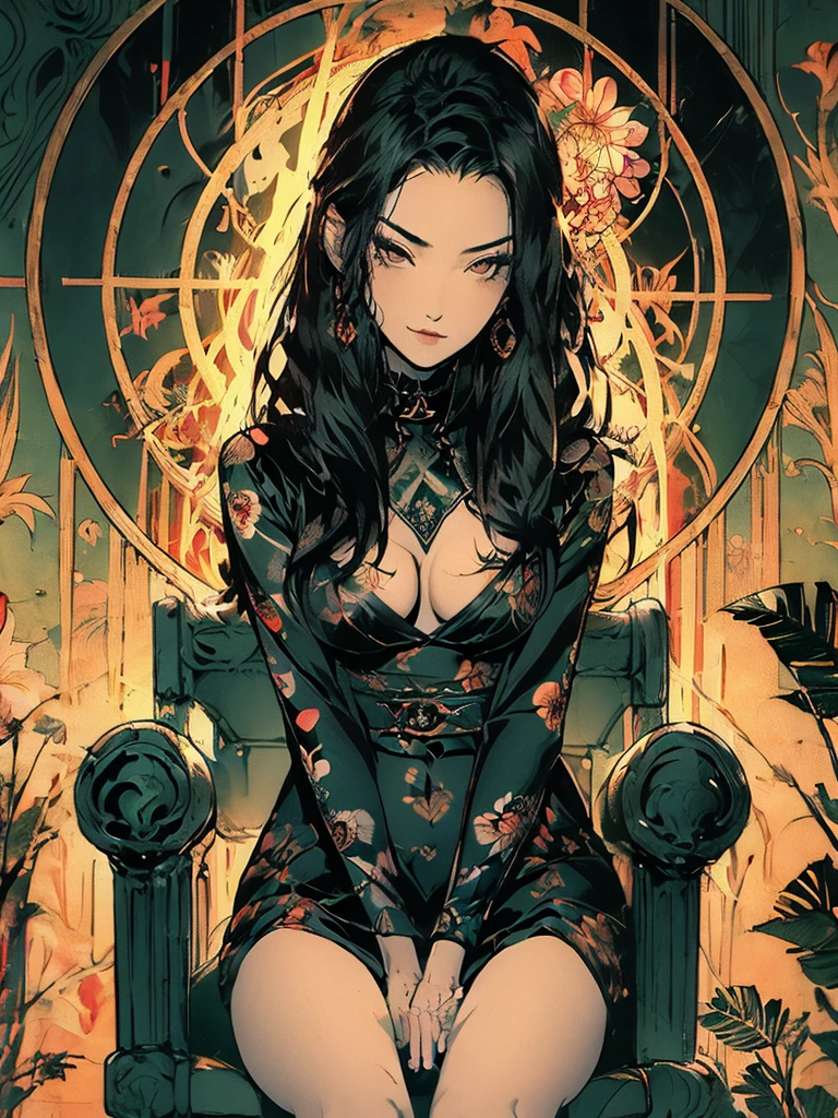 Detailed Background,Art Deco,Beautiful landscape painting,Botanical Art,Flower Art,(Floral:1.2), (masterpiece, Highest quality),Vibrant colors,colorful, Highest quality, Amazing details, Anatomically correct, Line art, Written boundary depth,Flat Shading,Bokeh, woman、、Black Hair、 whole body、Showing off pussy、 Sit with your legs apart:1.5、Showing pussy、sexy、Passionate、Stretch your legs、(Thighs)、(Small breasts)、Slim style、(barefoot)、 Mucha style、Ukiyo-e style、Looking up at the camera、Browsing Caution