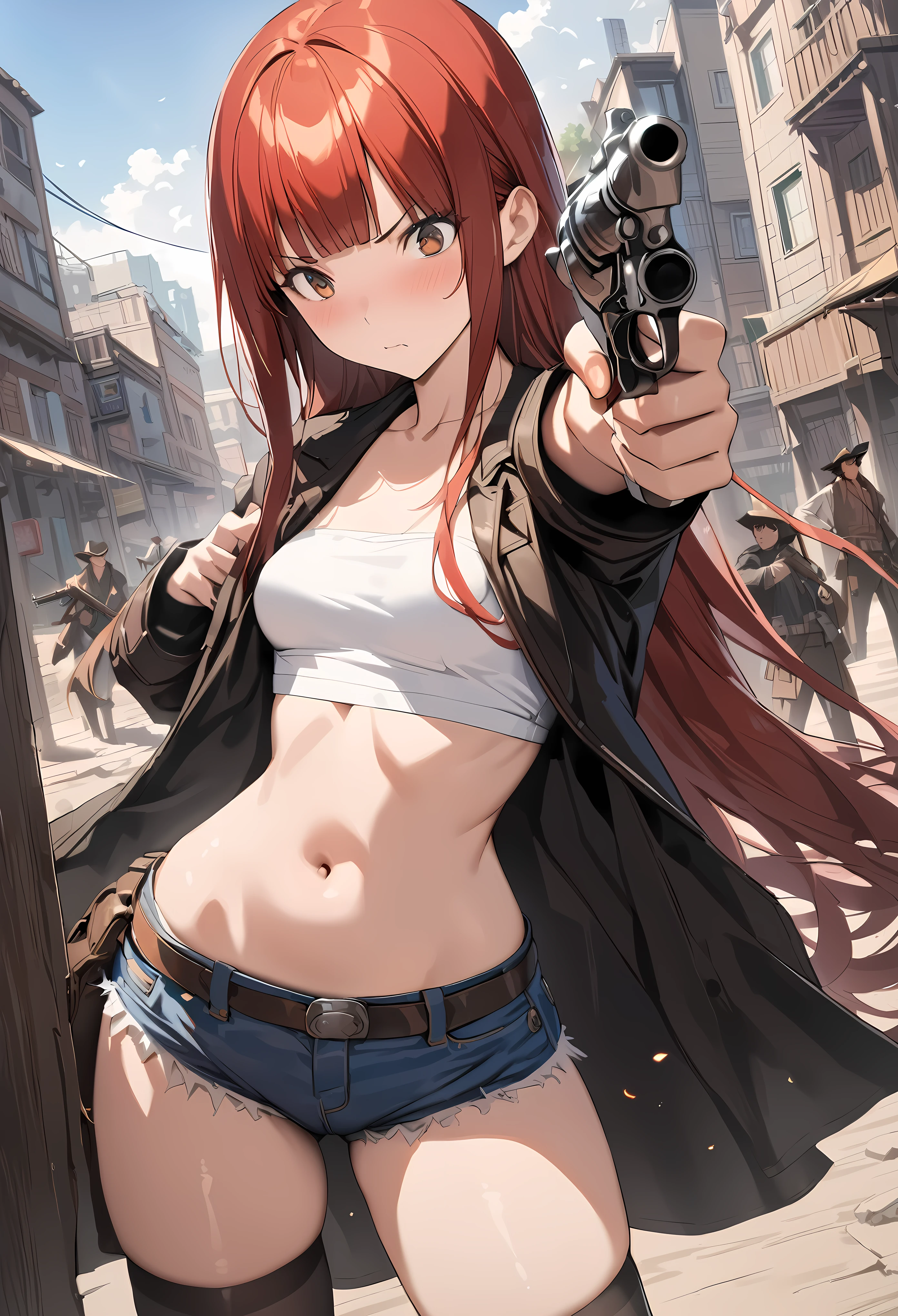 (Action Scenes、Gunfight)、((masterpiece,best quality anime,Highest quality:1.3)),realistic,cowboy shot,(25 year old beauty), gunslinger ,1woman,solo,((very small head:1.4)),((very long body:1.3)),red hair,bangs,straight long hair,gorgeous big eyes,brown eyes,(Black long coat),Wearing a white tube top shirt under the coat,navel、(denim micro shorts、black_thighhighs),((slender body:1.3,skinny)),small breasts,gleaming skin,shiny skin,Holding a gun in hand、revolver、(Shooting a gun、Shooting stance),sunny、Western cityscape、The World of Westerns、