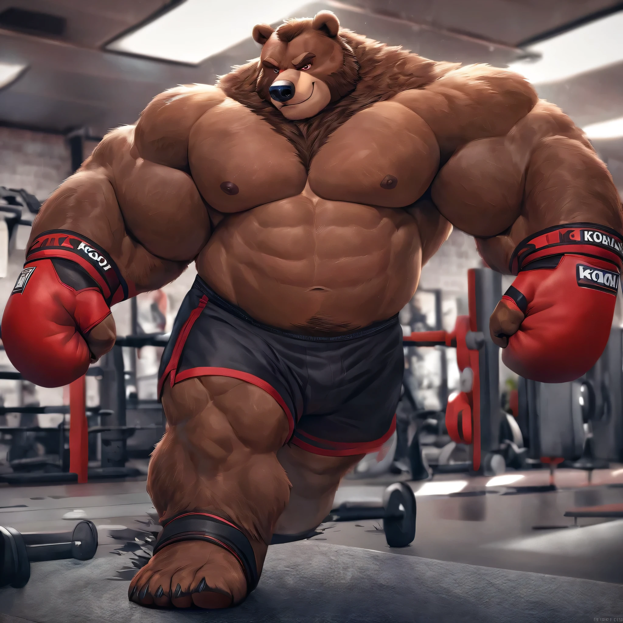 Solo, 1boy, huge muscular kodiak brown bear in big gym fitness center, big smirking, kodiak bear, huge brown fur, thick arms, huge arms, big fists, veins all over arms and chests, bald, big brown mustache and beard, (muscular, pectoral, wide pectoral, thick arms), HEIGHT: 220CM, WEIGHT: 370KG, belly with abs, gym sets, workout equipments, ring, punching bag, realistic, 8k, masterpiece, added cinnamon colored eyebrows, deatiled eyes with red pupils, (wearing black mixed martial arts shorts with red slits, black mixed martial art fingerless gloves with red pads, black toeless footwear tapes, shirtless and topless), punching and kicking techniques, bigger, harder, stronger.