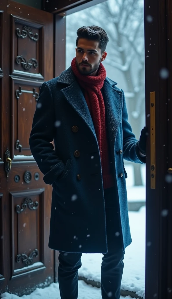 A 21-year-old young rich man with a small beard and big mustache, wearing a lush bluish pent coat and a red muffler. Snow-covered ground and icy environment. Dark, cold night with heavy snowfall. opening grand mansion entrance door, hand in pocket and one hand on door handle, looking outside the door with a  wait gesture with hand, snowy and cold environment.