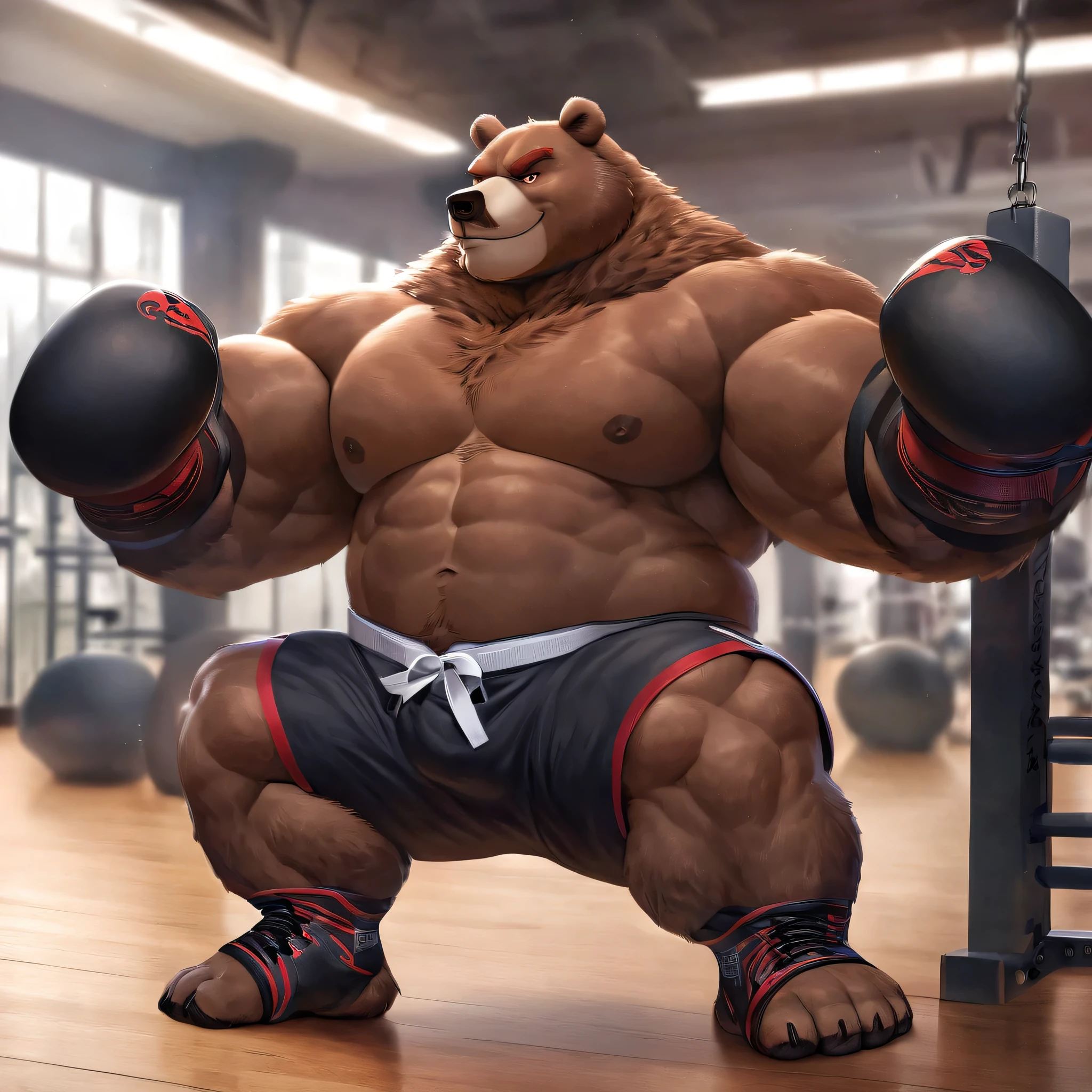 Solo, 1boy, huge muscular kodiak brown bear in big gym fitness center, big smirking, kodiak bear, huge brown fur, thick arms, huge arms, big fists, veins all over arms and chests, bald, big brown mustache and beard, (muscular, pectoral, wide pectoral, thick arms), HEIGHT: 220CM, WEIGHT: 370KG, belly with abs, gym sets, workout equipments, ring, punching bag, realistic, 8k, masterpiece, added cinnamon colored eyebrows, deatiled eyes with red pupils, (wearing black mixed martial arts shorts with red slits, black mixed martial art fingerless gloves with red pads, black toeless footwear tapes, shirtless and topless), punching and kicking techniques, bigger, harder, stronger.