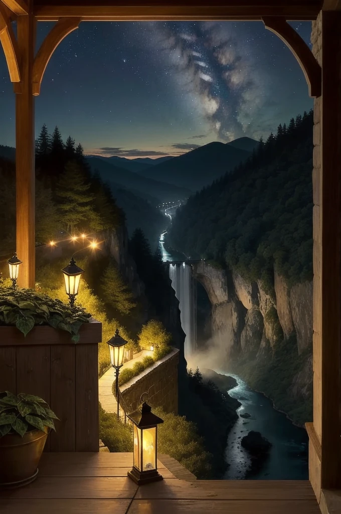 presents a serene and magical nighttime scene, viewed from the perspective of a covered terrace or veranda. The setting is bathed in soft twilight hues under a star-studded sky, with distant mountains creating a majestic backdrop. A grand castle, perched on a high cliff, is visible in the distance, its towers illuminated by warm, golden lights. Below the castle, a waterfall cascades into a river, adding to the enchanting atmosphere.
The terrace itself is cozy and inviting, with a rustic wooden