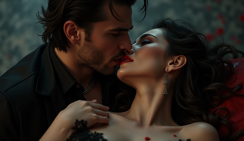 a sexy male vampire, with his fangs in the neck of a beautiful girl biting ,she is looking at the camera, with parted lips and an expression of desire