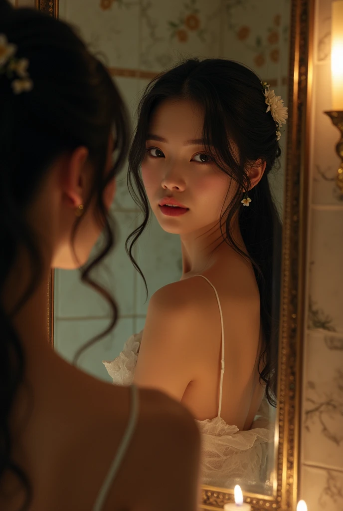 Seductive Japanese woman in bathroom in front of mirror