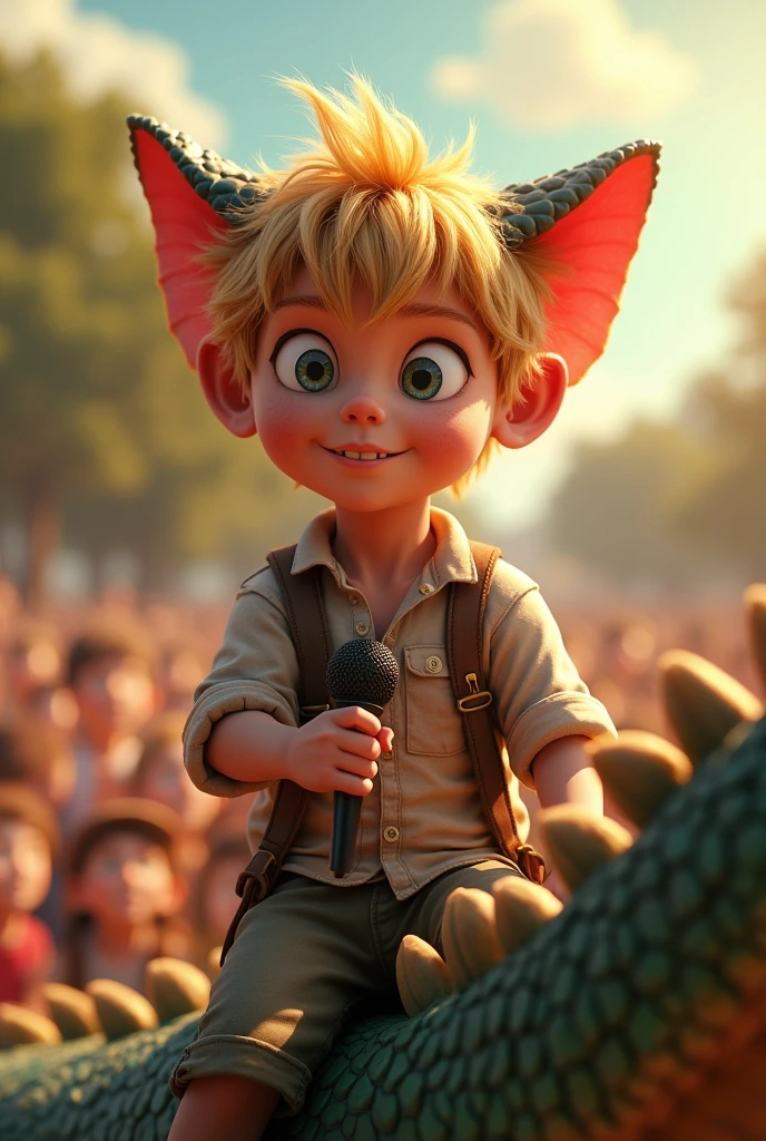 Steve irwin riding a dragon, australian, 1 boy, male focus, blonde hair, looking at viewer, perfect anatomy,perfect hands, midday summer, sunshine, cel shading, holding, holding a microphone speaking to a crowd, detailed face, detailed eyes,crazy eyes, cat ears, determined, halo, shiny hair, ray tracing, high detail, 16k, textured skin, super detail, UHD, retina, anatomically correct, award winning