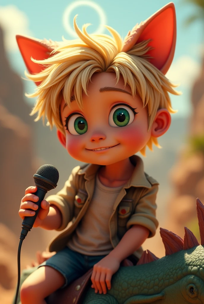 Steve irwin riding a dragon,  australian, 1 boy, male focus, blonde hair, looking at viewer, perfect anatomy,perfect hands, midday summer, sunshine, cel shading, holding, holding a microphone speaking to a crowd, detailed face, detailed eyes,crazy eyes, cat ears, determined, halo, shiny hair, ray tracing, high detail, 16k, textured skin, super detail, UHD, retina, anatomically correct, award winning