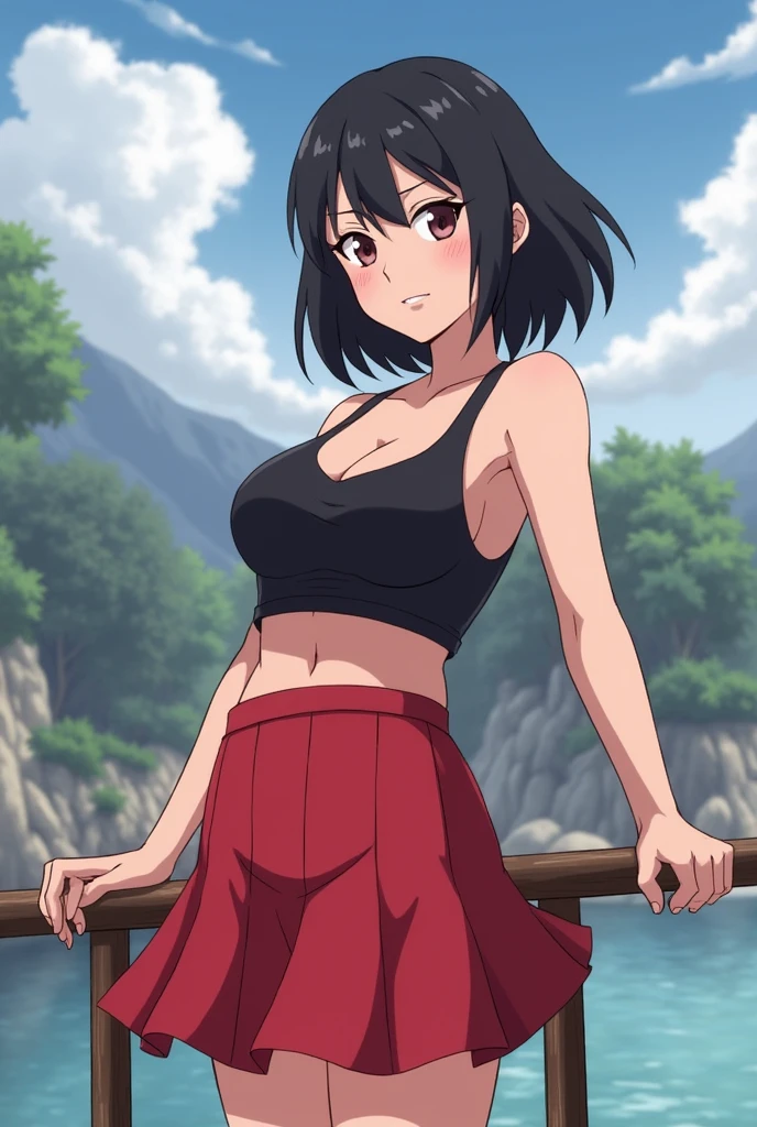 1 Girl、8K、Sharp focus、(Bokeh) (Highest quality) (Detailed skin:1.3) (Intricate details) (anime)、Silver short hair and bob hair、Tie your hair up with a hair clip、Pink Eyes、、(Please put your hands on your hips)、chest、Slim figure、bikini、A pareo skirt with bold ethnic patterns and plenty of primary colors、Realistic Skin、Shiny skin, Sunburned skin、Cowboy Shot、Side body、smile、smile、Park in the background、Soft lighting