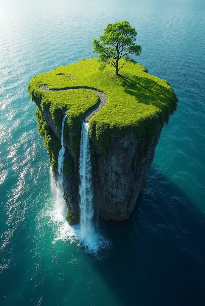 top view of a floating island above the ocean with waterfalls flowing down from the island into the ocean and the island has nothing but grass on it
