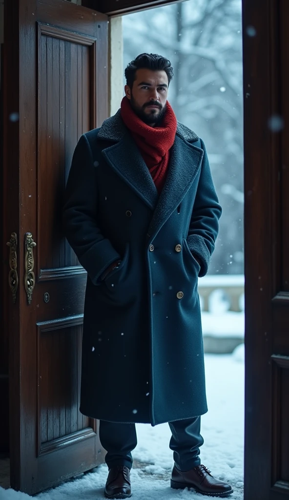 A 21-year-old young rich man with a small beard and big mustache, wearing a lush bluish pent coat and a red muffler. Snow-covered ground and icy environment. Dark, cold night with heavy snowfall. opening grand mansion entrance door, hand in pocket and one hand on door handle, looking outside from the door with a wait hand gesture, snowy and cold environment.