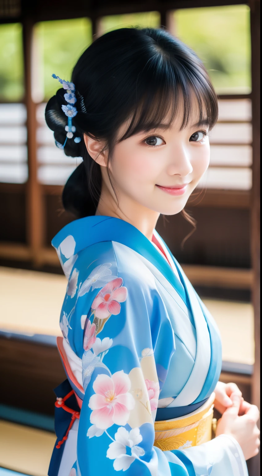Light blue is the base, smile, 最high quality、high quality、Best image quality、8k、最High resolution、High resolution、temple, Realistic photos, Healthy body, Beautiful Eyes, Flowing black hair, Colorful kimono, Calm expression, Soft lighting, Traditional Japanese art style, Vibrant colors, Peaceful atmosphere, Delicate features, Graceful posture, Beautiful Landscape
