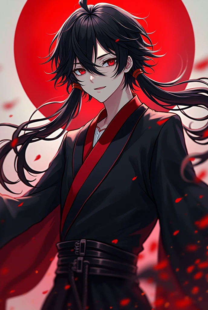 black hair, Long hair, Black-red eyes, Black and red robe, gorgeous, indifferent, man, red streaked hair, ahoge, hair over shoulder, very long hair, asymmetrical bangs, hair spread out, crazy eyes, devil eyes, expressionless, robe, character chart, tachi-e, panorama, Genshin Impact Style, super detail