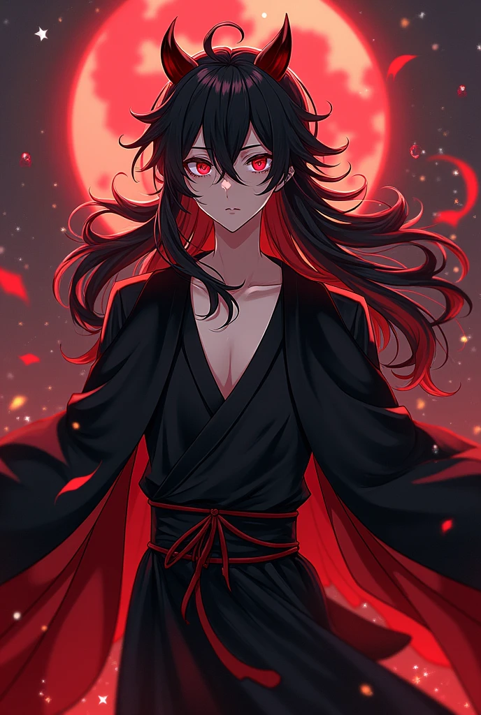 black hair, Long hair, Black-red eyes, Black and red robe, gorgeous, indifferent, man, red streaked hair, ahoge, hair over shoulder, very long hair, asymmetrical bangs, hair spread out, crazy eyes, devil eyes, expressionless, robe, character chart, tachi-e, panorama, Genshin Impact Style, super detail