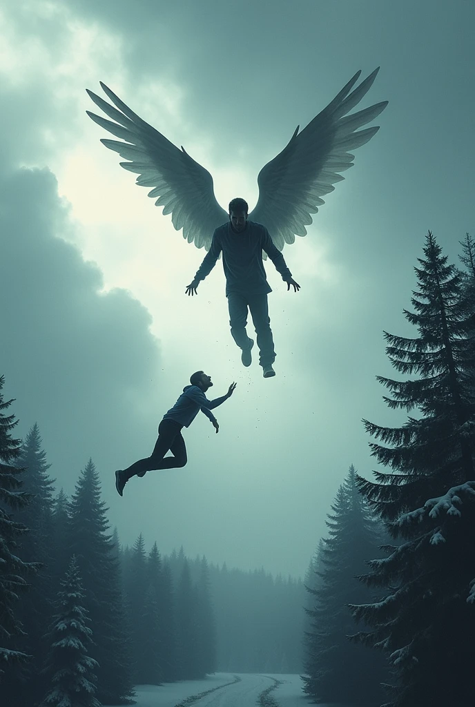 Book cover with a man falling unconscious from the sky on his back (Below it there is a forest) and a man with wings trying to reach him by diving (There are many clouds above him) and it&#39;s snowing a little 