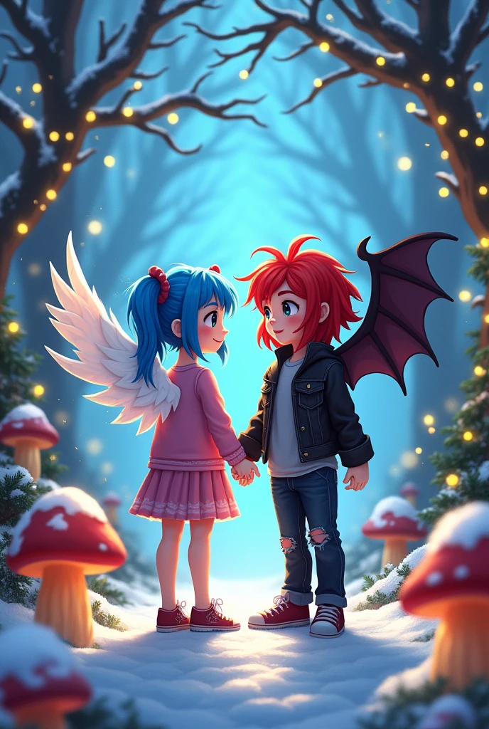 You have two girls holding hands, one with blue hair and two pigtails on the sides, with skirt and pink swater, angel wings and another with red hair, grey t-shirt and leather jacket, ripped black jeans and bat wings, They must be in the world of Terraria at Christmas time looking forward