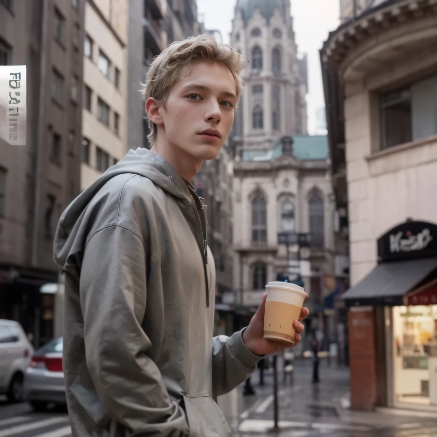 (8K, RAW Photo, best quality, artwork:1.2), (realistic, photo-realistic:1.37), Ultra-detailed, (highly detailed skin:1.2), 8K uhd, DSLR, soft lighting, high quality, grain film, Fujifilm XT3, Professional Lighting, handsome 1 man, pale skin, gray eyes, dark blond, Shaved head (Strong jaw: 1) brutal, Realistic, 4k, 8k, skin details, boy in city, bokeh background, handsome, blue eyes, pale skin, cofee cup
